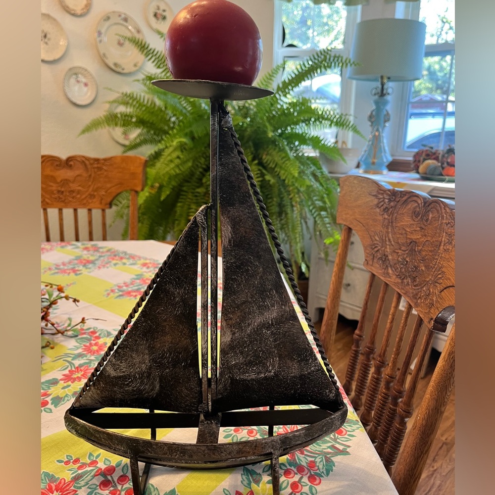 Vintage Nautical Antiqued Metal Sailboat Candle Holder